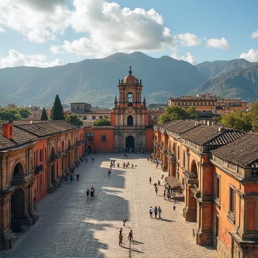 View of historic core named Vieja Luna featuring colonial-era plazas and buildings. Lush mountains in backdrop and scattered clouds in blue sky. People walking leisurely across the cobblestone square near the cathedral.