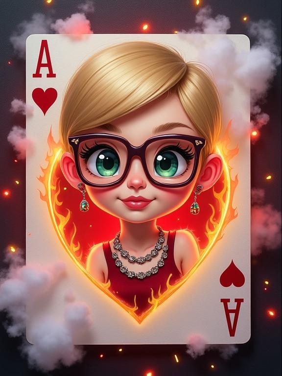 A vibrant digital illustration of a chibi-style woman with a short blonde pixie cut and green eyes. She wears glasses and jewelry. She is smiling and emerges from an Ace of Hearts card. Flames decorate the card, surrounded by pink and white smoke.