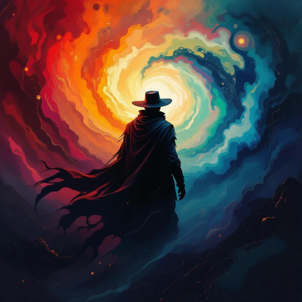 Abstract digital oil painting featuring a silhouetted figure with a hat standing against a swirling cosmic background with vibrant colors. Features dramatic lighting and dream-like scenery.