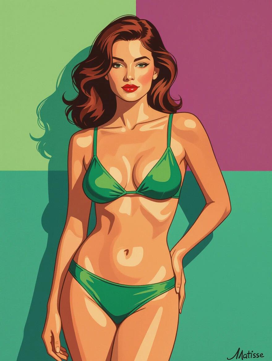 Female figure posing in a green bikini against colorful background. Art style combines elements of Matisse and Warhol. Features shades of green and magenta with smooth lines and flat colors.