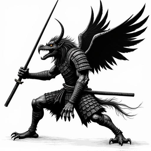 Fierce mythical warrior with oni mask. Wild hair and black wings. Wears samurai armor. Has clawed bird feet. Lunges forward with a long wooden staff in two-handed grip. Ink illustration, bold black and white, sharp details. Suitable for A3 silkscreen.