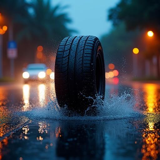 Promotional automotive image featuring a Michelin Primacy 4 tire. Tire rolling on a wet street at night under heavy rain. Splashing water to convey motion and safety. Urban nightlife background with blurred car lights. Text placement option available on the left.