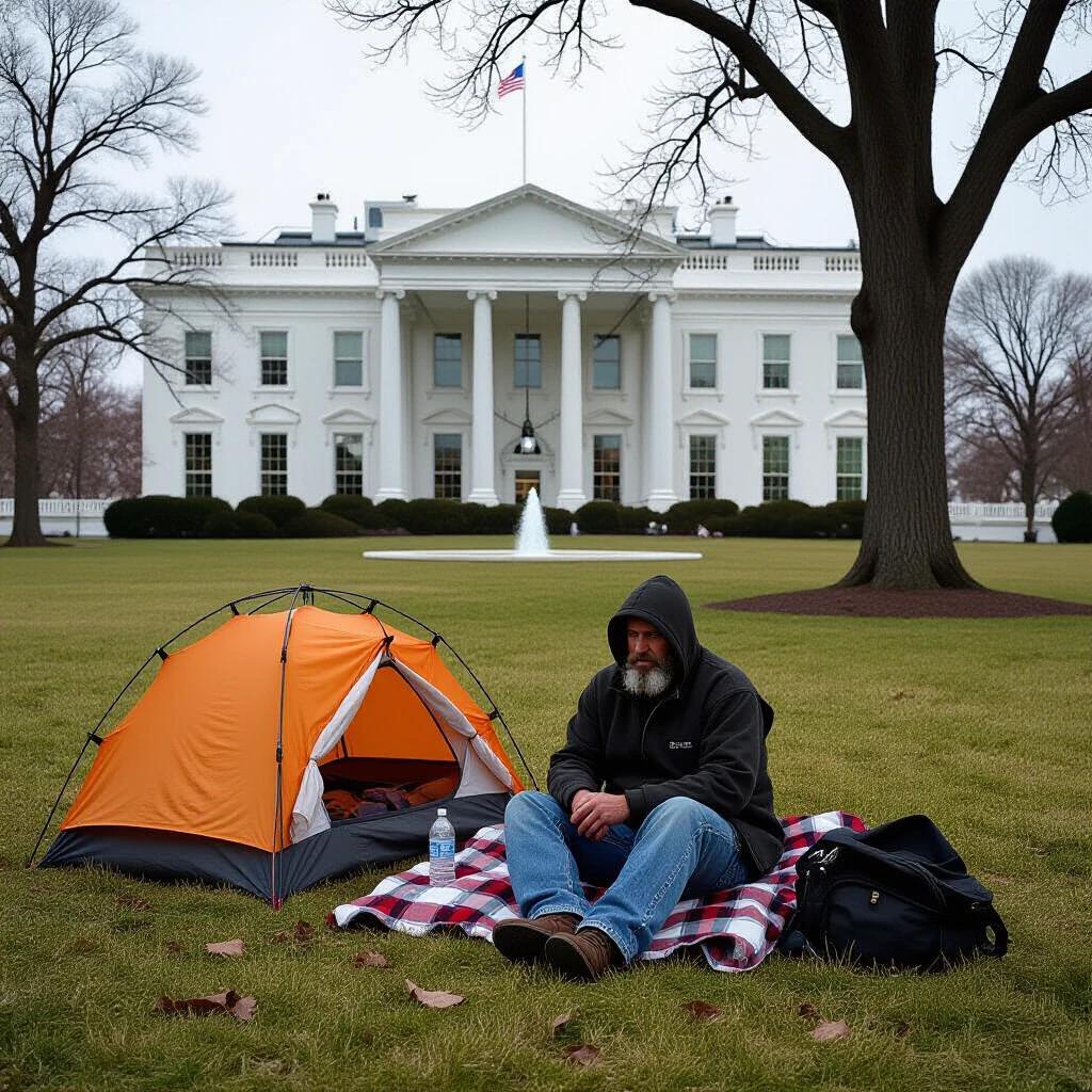 A squatter camps on the White House lawn. A bright orange tent sits on the grass. The person is seated next to the tent with a backpack nearby. The White House is in the background, under a cloudy sky. The setting evokes a sense of social commentary on homelessness and public spaces.