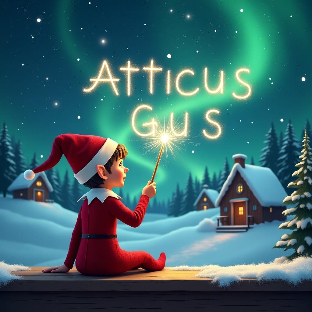 An elf sits on a wooden ledge with its back to the camera, gazing at a magical sky. The elf, dressed in a red outfit with a pointed hat, holds a sparkling wand. With the wand, the elf elegantly writes the names 'Atticus' and 'Gus' in the starry sky. The background features a snowy landscape with charming little houses and evergreen trees under the shimmering Northern Lights. This whimsical scene captures the essence of childhood magic and Christmas cheer.