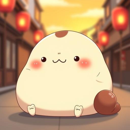 A kawaii original character named Uomaru has a round soft cream-colored body. It is in a sitting position with two small black dots for a nose. The cheeks are round and red. The eyes are simple black dots. The tail is large and brown, not fluffy, with small brown ears and a dorsal fin. Uomaru has a plump appearance like a squishy mochi. The background is a warm Japanese street with a sunset and red lanterns.