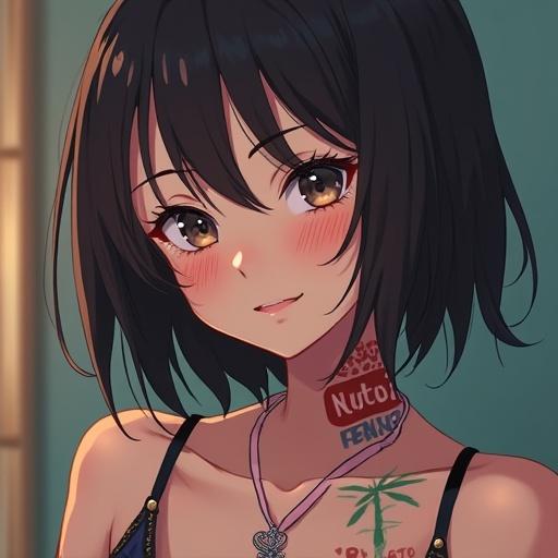 Anime girl with a necklace and tattoos on her face. Expression is inviting. Hair is black and slightly tousled. Background is softly lit.