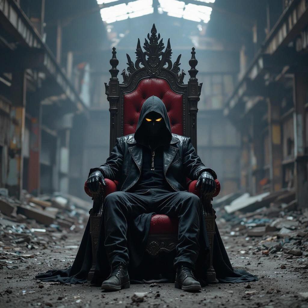 Portrait of a masked figure sitting on an impressive throne in a crumbling tech warehouse. The atmosphere is dark and moody. The figure wears trendy clothing and has a mysterious presence.