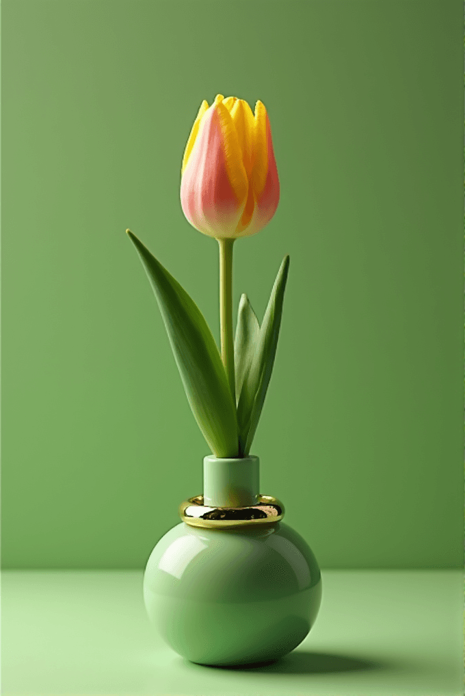 A single yellow and pink tulip in a green vase against a matching green background.