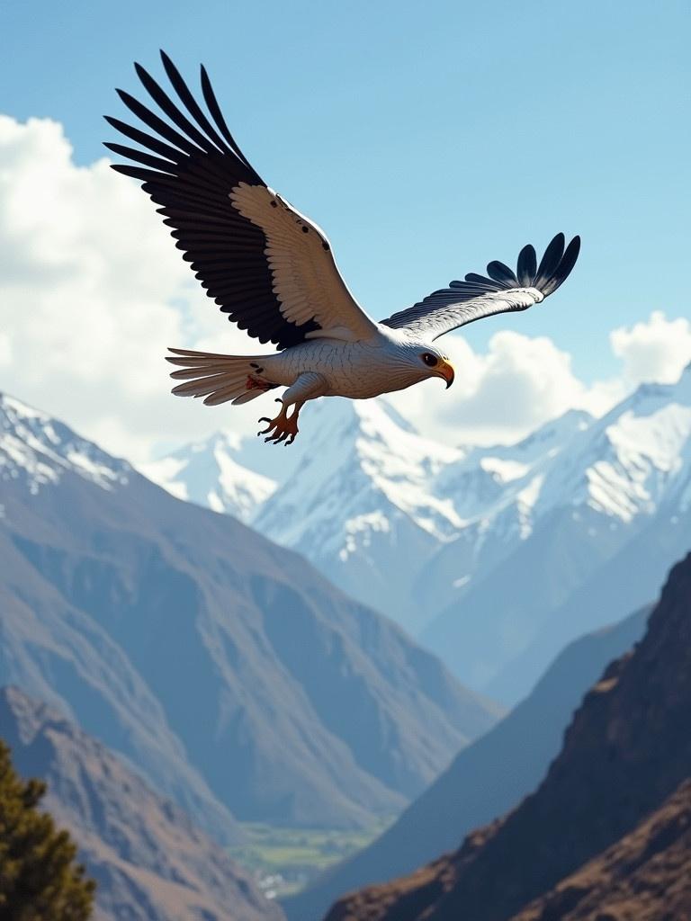 A robotic condor flies high over the Andes mountains in Santiago de Chile. The majestic bird showcases its wingspan against a backdrop of towering snow-capped peaks and deep valleys.