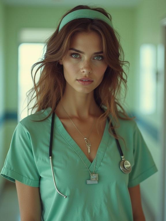 Model in nurse attire with a stethoscope. The setting appears to be a medical facility with green walls. Natural soft lighting enhances the scene.