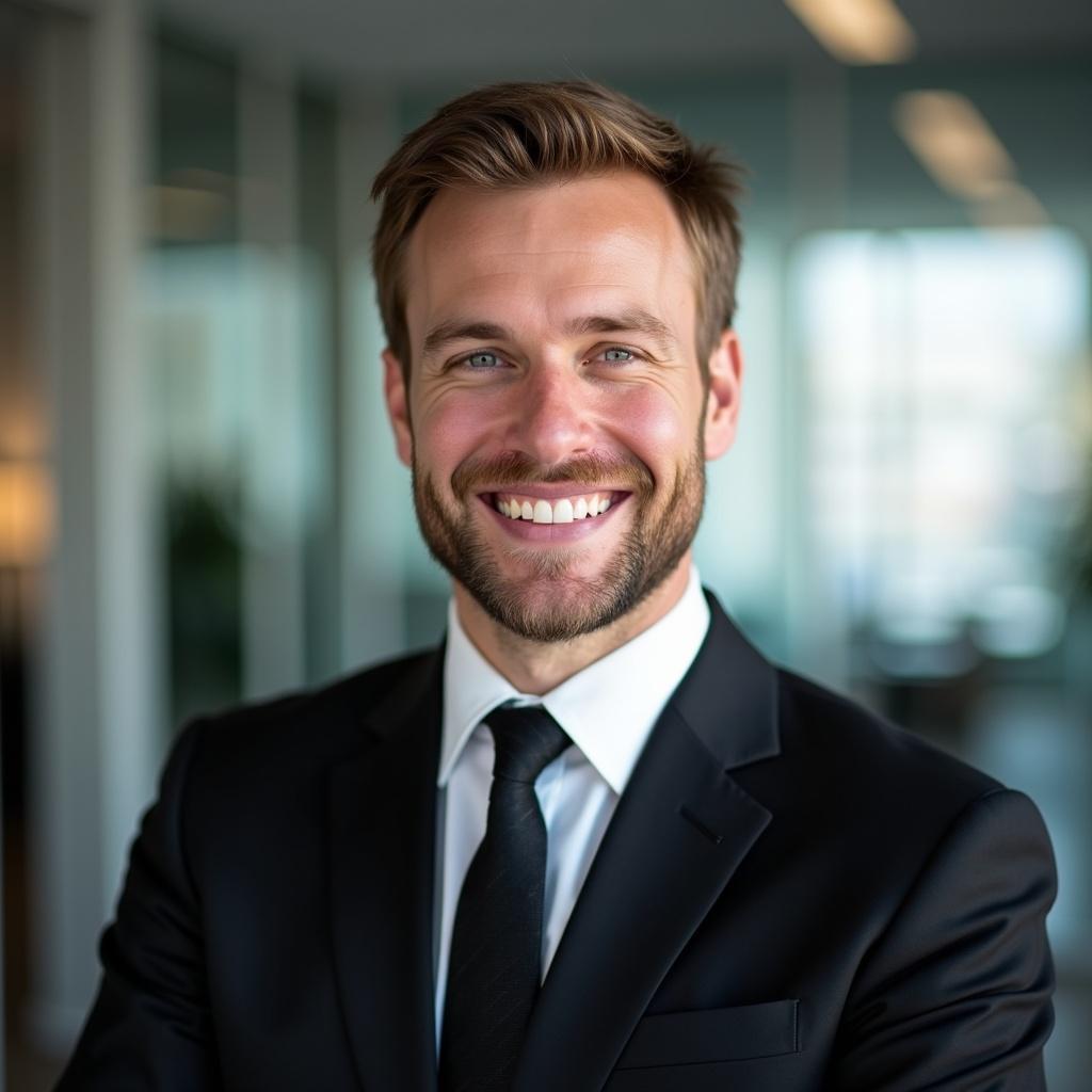 White male in black suit with blue tie. Half body portrait, standing confidently. Professional and friendly appearance. Formal yet approachable atmosphere. Looking directly at the camera. Office background.