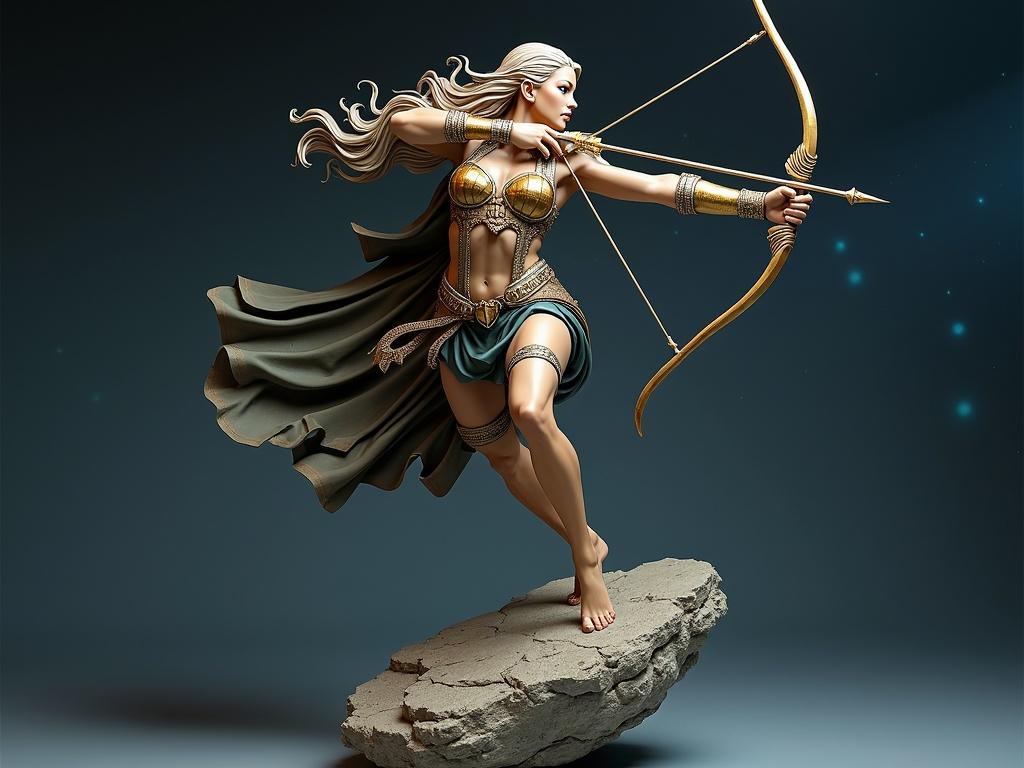 Resin statue of a goddess inspired by Sagittarius sign. The figure features elegant armor with mystical details. She stands dynamically with bow drawn to release an arrow. Hair flows dramatically as she appears airborne. Armor made of golden plates and dark leather. Base is a floating rock with a starry sky background.