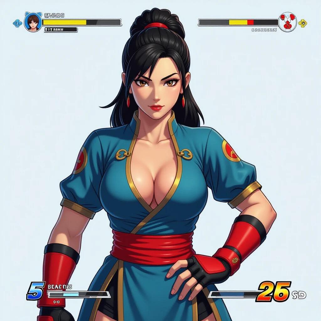 A character design of Juri Han from Street Fighter VI. A female character with a blue outfit and red accents. Long dark hair in a bun. Expressive face suggesting confidence and strength. Suitable for video game art presentation.