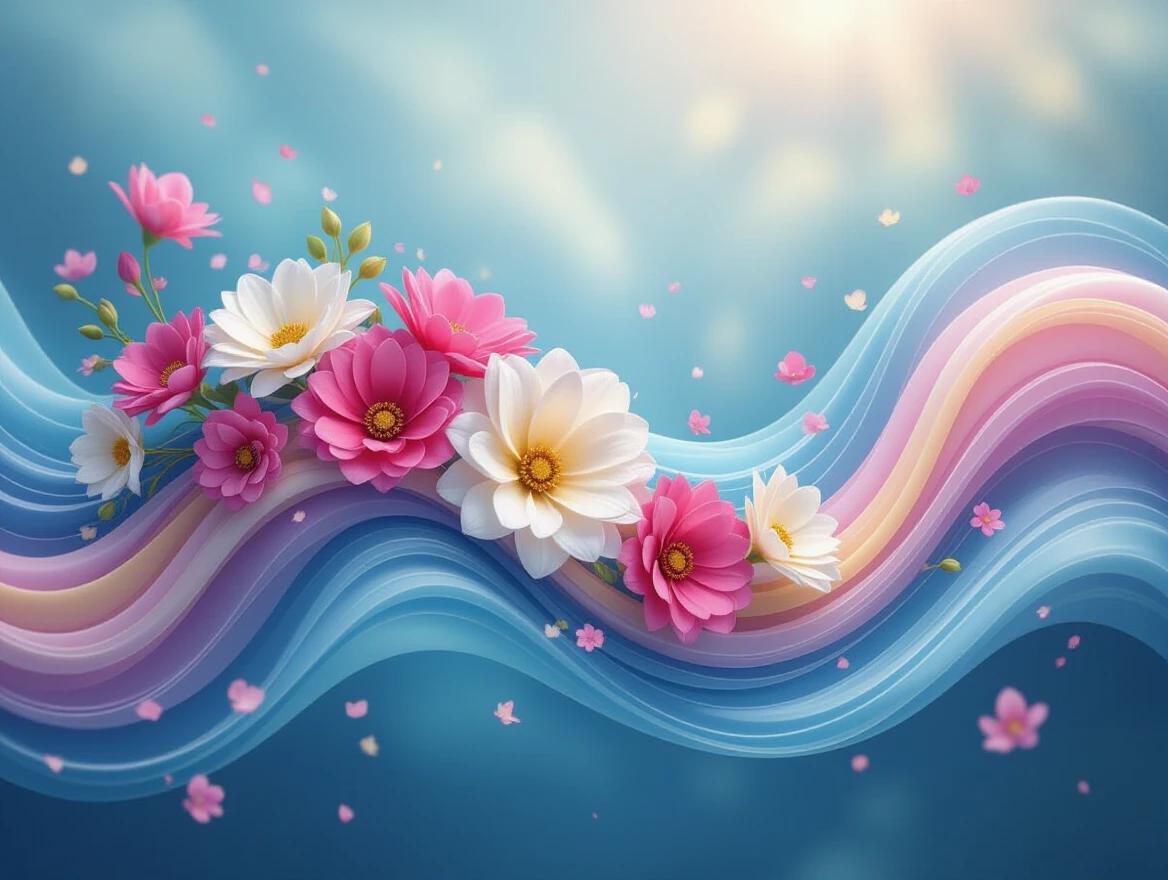 Colorful flowers arranged in horizontal wavy lines. Flower colors include pink and white. Background features soft blue with a dreamy quality. Flowers appear to float creating a magical scene. Overall image gives a surreal and artistic vibe.