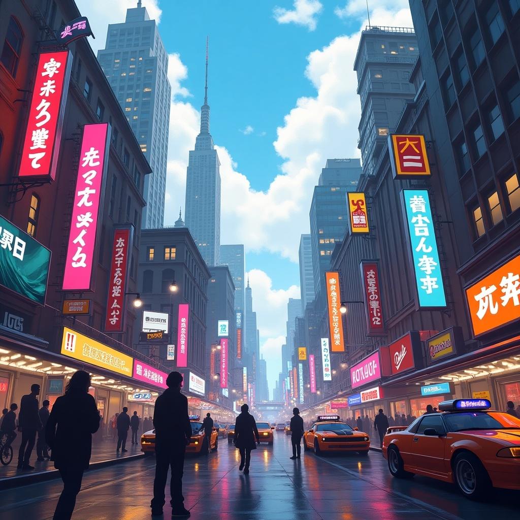 Futuristic New York City street scene with neon lights and yellow taxis. Pedestrians walking and tall skyscrapers.