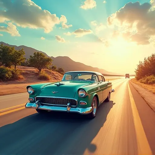 Car driving on an open road during summer holidays with mountains and sunset in background.