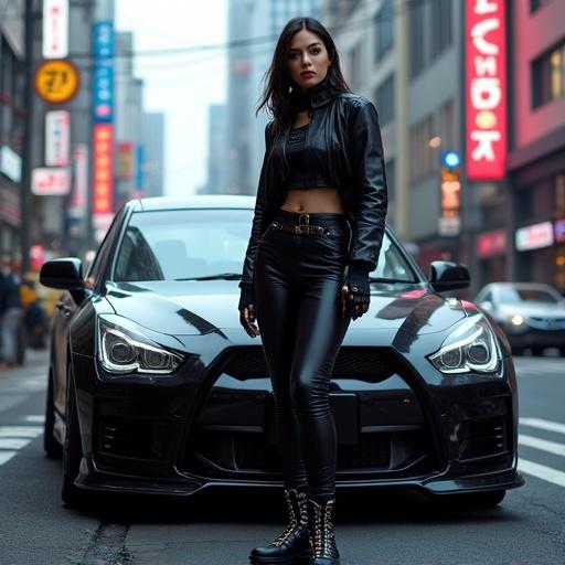 Futuristic cyborg fashion model posing by a car on a city street. Non-illuminated backdrop enhances scene. Tokyo futuristic background with cars having faces. Bold black lines show electrifying dark clothing.