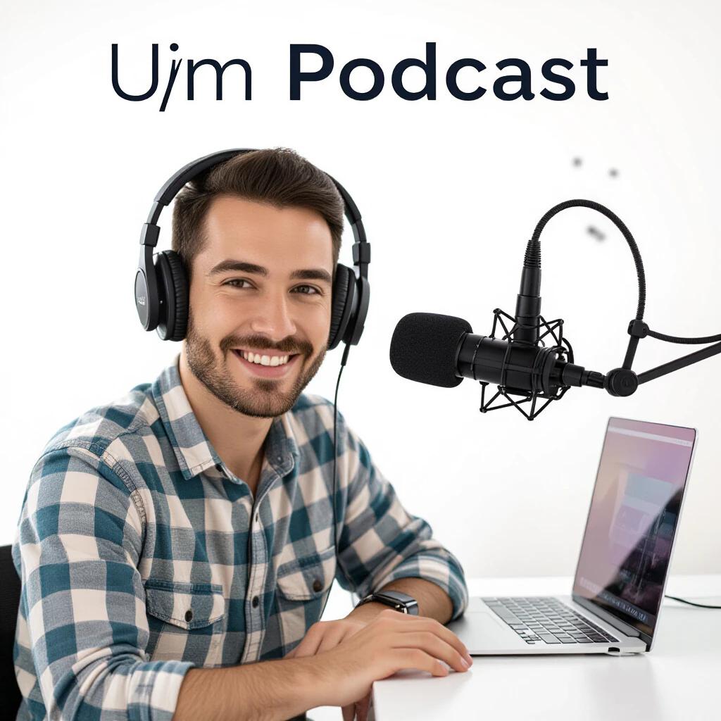 Podcast image depicting a smiling male host with headphones and microphone sitting at a desk with a laptop