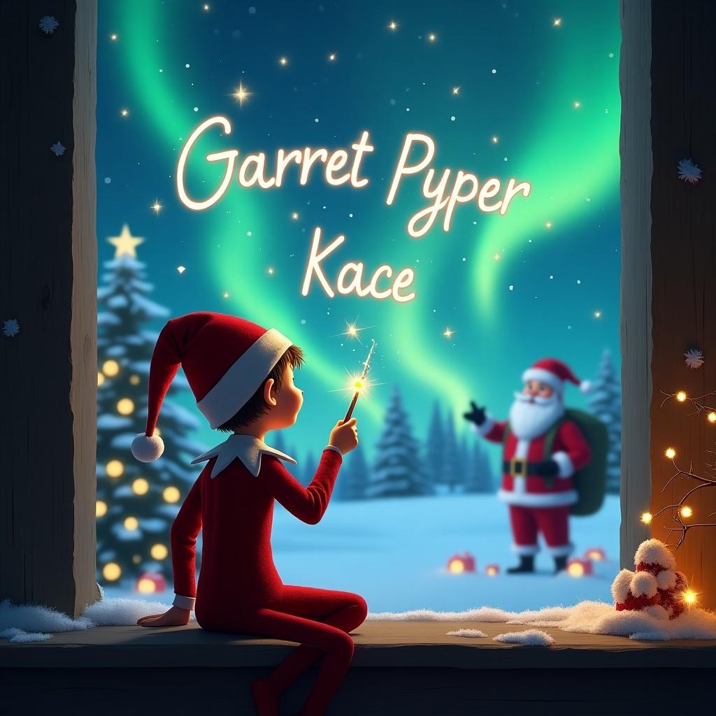 The image depicts an Elf on the Shelf character sitting on a window sill with its back facing the viewer. The elf is dressed in a classic red and white outfit, using a magical wand to write names in the sky. The background features a beautiful winter scene with snow-covered trees and vibrant northern lights illuminating the night sky. Off in the distance, Santa Claus can be seen, adding to the magical Christmas ambiance. Twinkling lights surround the window, enhancing the festive feel of the artwork.