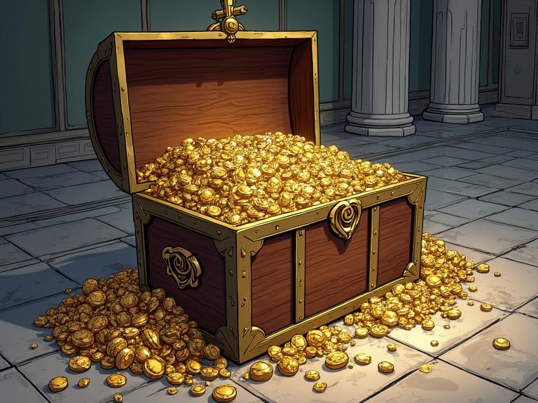 Treasure chest overflowing with gold gems on marble floor in front of altar