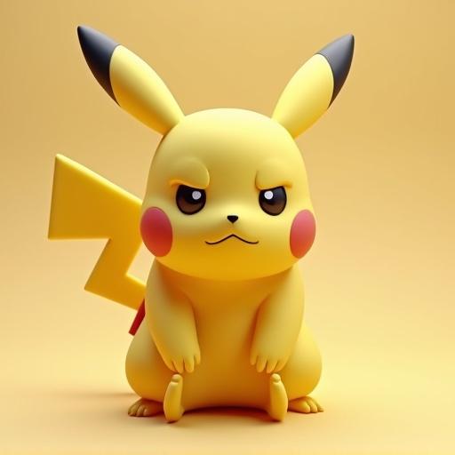Highly detailed 3D-rendered figure of Pikachu in elegant resting position. Soft studio-like lighting. Clean beige background. Art resembles clay or vinyl collectible. Smooth matte surfaces with subtle shading. Serious focused expression.