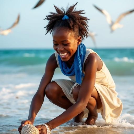 A 19-year-old Kenyan girl collects seashells at low tide. Her feet sink in wet sand. She wears a linen dress. Her curly hair is tied with a blue scarf. Saltwater drips from her dress while laughing. A wave splashes her ankles. The ocean glows turquoise behind her. Seagulls circle above. It is golden hour. Her skin is sun-kissed. A faint childhood scar stretches across her jaw.