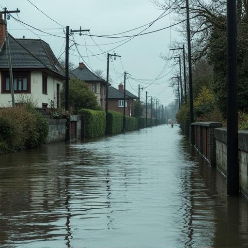 A flooded street lined with houses. Power lines along the road. The water level is high, submerging the sidewalk. The sky is overcast and gray. Minimal human activity in the area.