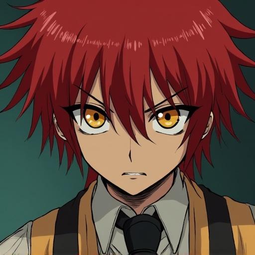 Makima from Chainsaw Man with distinctive red hair and yellow ringed eyes, wearing a black tie and presenting a serious expression.