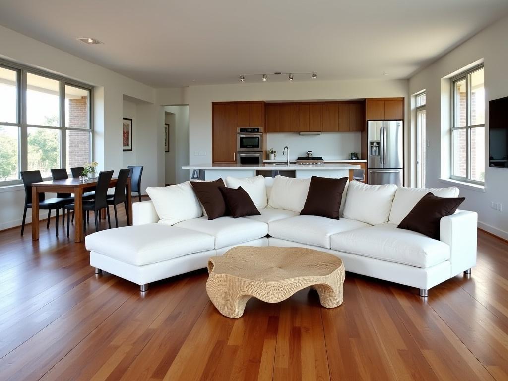 The image showcases a modern living room with an open design. The main seating area consists of a large, comfortable white sectional sofa adorned with several dark brown and white throw pillows. In front of the sofa, there is a unique coffee table made of woven material, lending an organic feel to the space. The flooring is made of rich, polished wooden planks, adding warmth to the room. Behind the coffee table, the kitchen space is visible, featuring modern appliances and cabinetry. Large windows let in ample natural light, making the room feel bright and inviting.