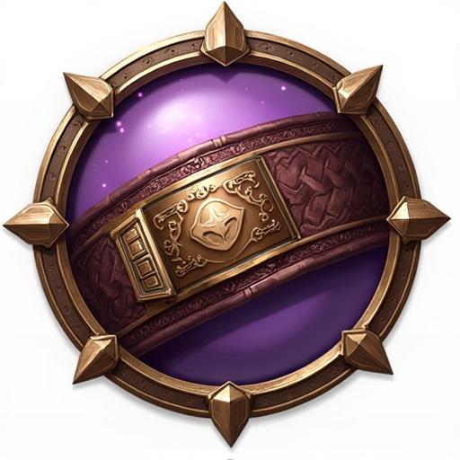 Icon of a legendary belt for an ARPG game. Features golden ornate design with spikes. Purple background adds depth. No visible details around the icon.