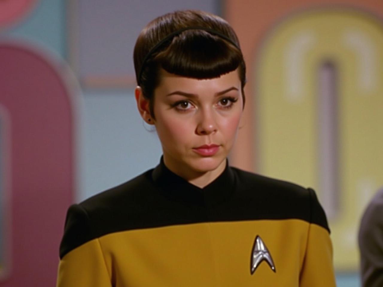 The image features a person wearing a yellow uniform with a black collar, reminiscent of a classic science fiction theme. There is a colorful, blurred background that suggests a festive or vibrant atmosphere. The person appears to be facing forward, though their face is obscured. The hairstyle looks neat and contemporary. Overall, the image evokes a sense of adventure and exploration, common themes in science fiction narratives.