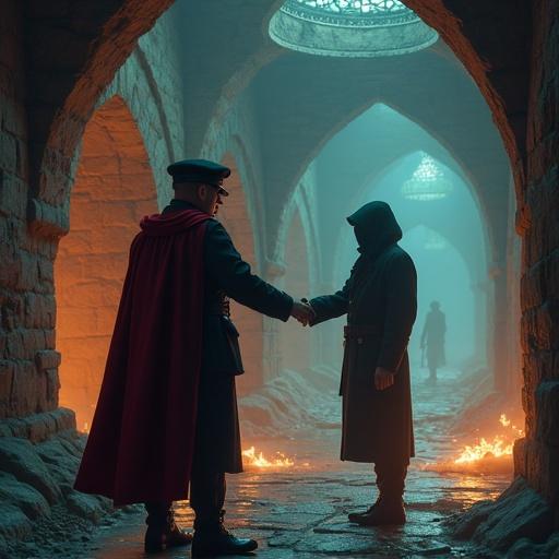 Realistic, caricature, and futuristic styles in a military barrack interior. Colonel shakes hands with hacker from dltcode.
