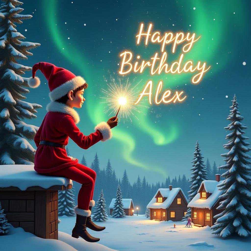 A winter scene features an elf on a wooden ledge. The elf wears a red outfit and hat. The elf waves a wand, writing 'Happy Birthday Alex' in the sky. The sky glows with Northern Lights in green and purple. Below are snowy houses and evergreen trees.