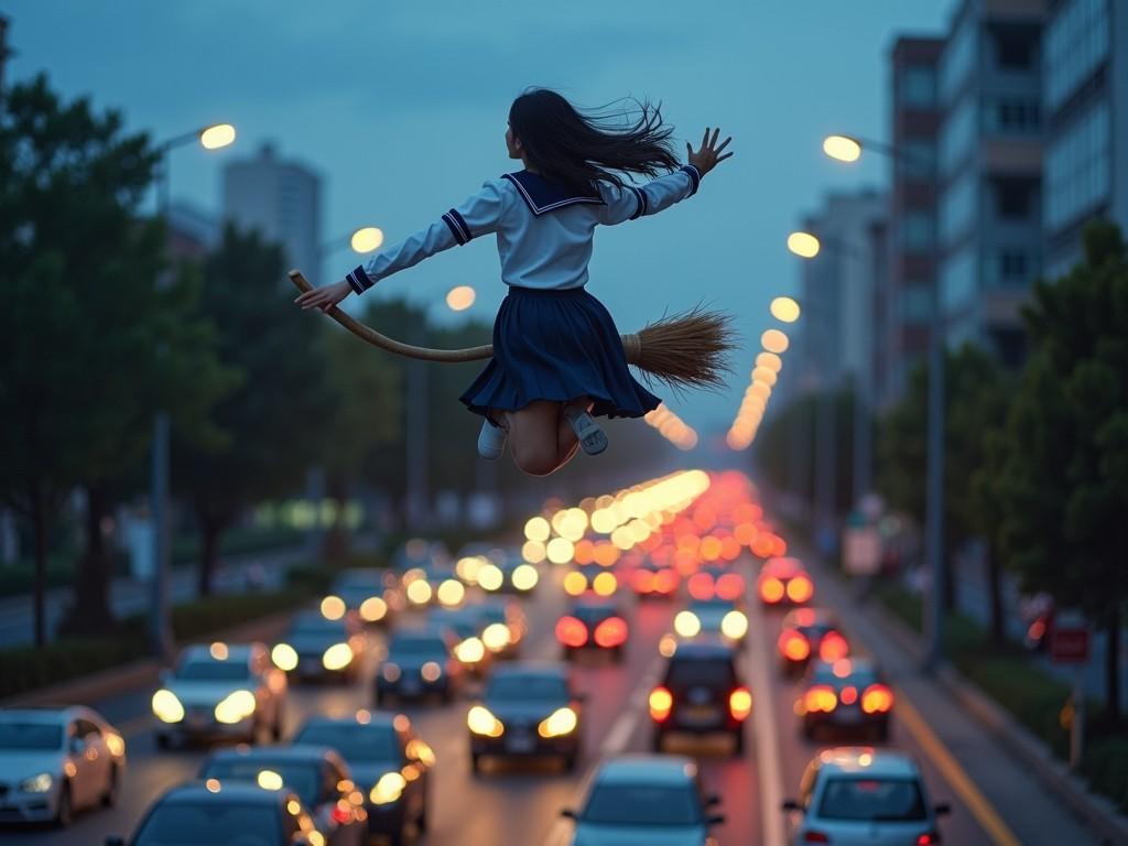 A young girl in a sailor-style outfit is whimsically captured riding a broomstick above a bustling city street filled with blurred car headlights and taillights, creating an enchanting scene. The twilight setting adds a magical quality, accentuating the contrast between the fantasy of the flying figure and the reality of the city below. The image evokes a sense of freedom and adventure, as though the young girl is escaping the mundane into a world of wonder.