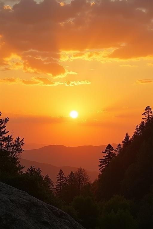 Sky glows with warm orange and yellow hues. Sun rises over landscape. Green trees and rocky terrain present. Sun casts golden glow. Scattered clouds create tranquil scene.