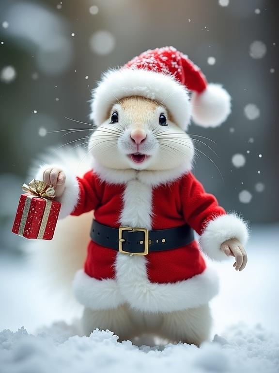A white squirrel in a Santa Claus outfit stands in the snow. It has a joyful expression and holds a small gift. Snowflakes fall in a forest background.
