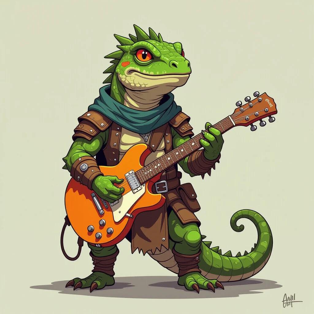 Lizardman character holding an orange guitar. The character has green scales and wears brown armor with a scarf around the neck. It stands in a proud pose. The background is simple and light.