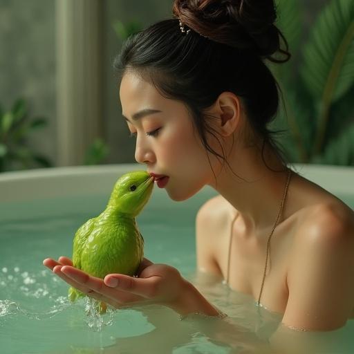 A princess in a bath interacts gently with a green gecko. The atmosphere is tranquil with soft lighting. The focus is on their connection in a serene setting.