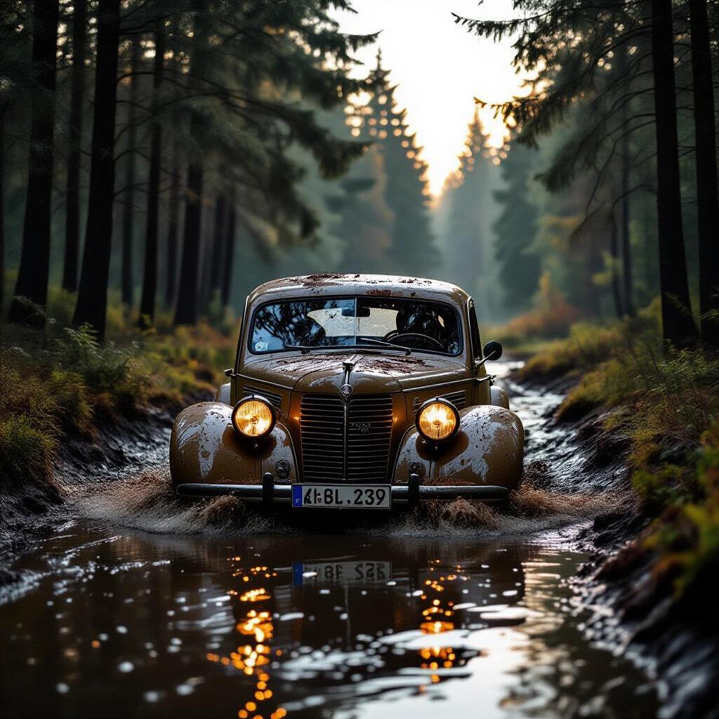 1938 Romanian rally car driving through a muddy stream in the Carpathian forest. Mud covers the car. Dawn light casts a cinematic glow. Pine needles rest on the hood. Captured with a Leica M10 in hyper realism style.
