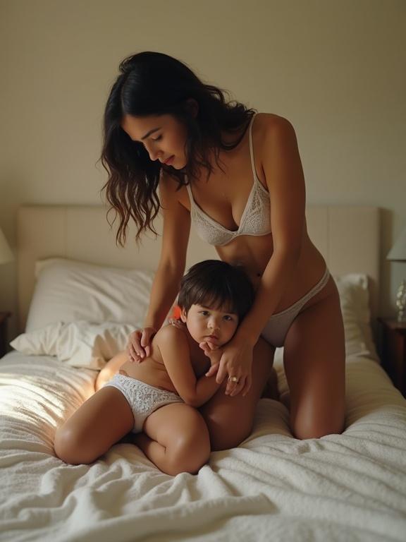 A mother in lingerie interacting with her young child in bed. The setting is cozy with soft light. The composition feels intimate and warm. The image is pixelated with bright colors.