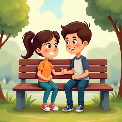 Two children are sitting on a bench in a park. They seem to be friends. One child comforts the other. They are smiling and holding hands. The atmosphere is supportive. The scene is bright and colorful with trees and clouds in the background.