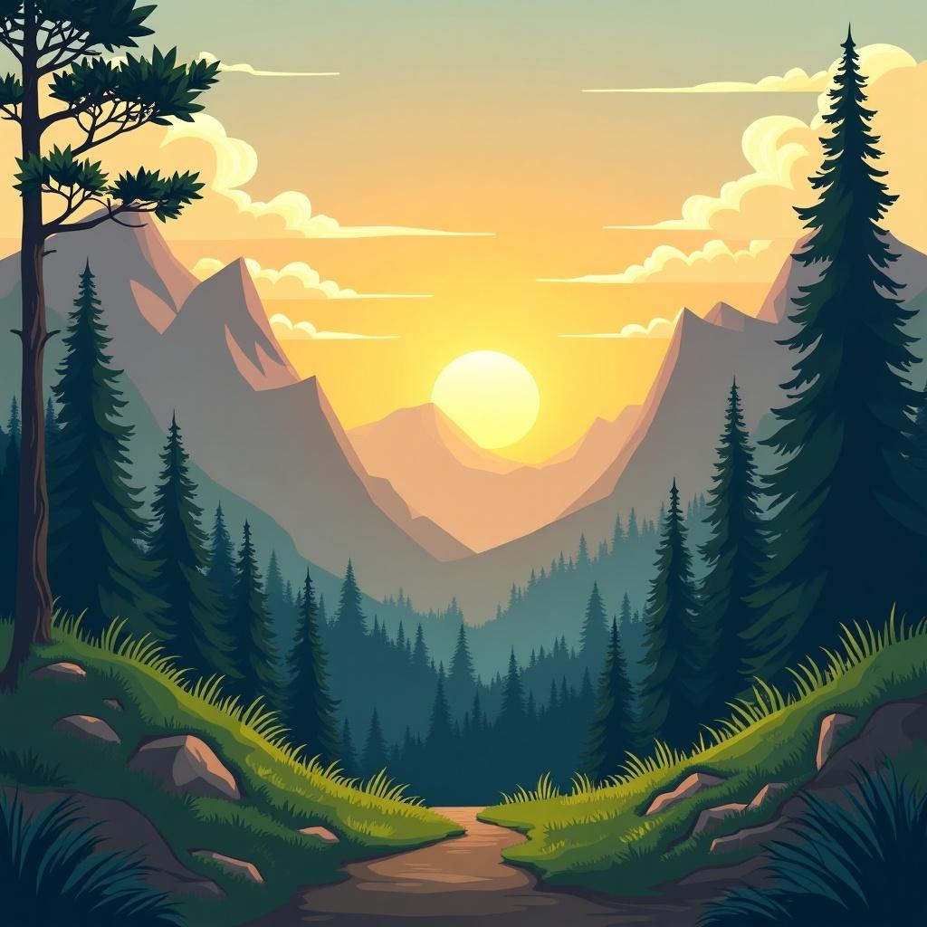 Background features mountains greenery sunset. Evokes sense of adventure and exploration. Natural landscape design.