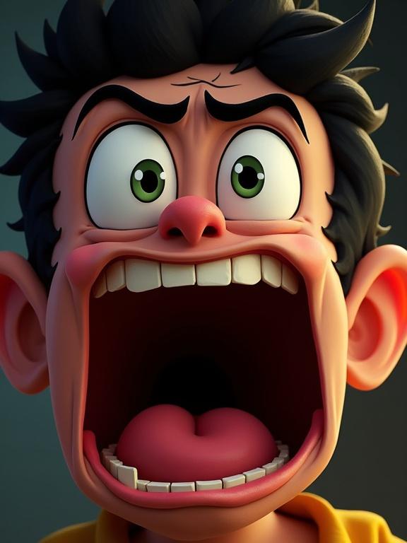 Close-up of a cartoon face showing pure terror with wide eyes and mouth open in a scream with intense lighting in an expressive style.
