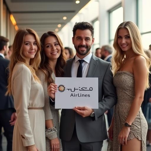 Group of people in formal attire at an event. One man holding a sign that says Arabic Airlines. Two blonde women and one brunette woman are standing beside him. Natural indoor setting with bright lighting.