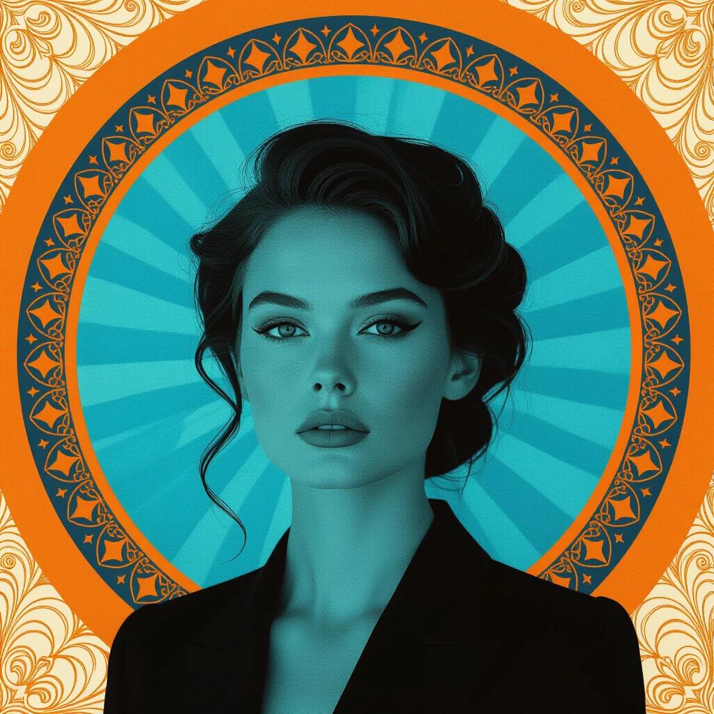 Portrait of an edgy woman with a blue facade. Fusion of black and orange shades. Inspired by solarpunk and Germanic art. Close-up shot with an intense gaze. Subtle influences of Zen Buddhism.