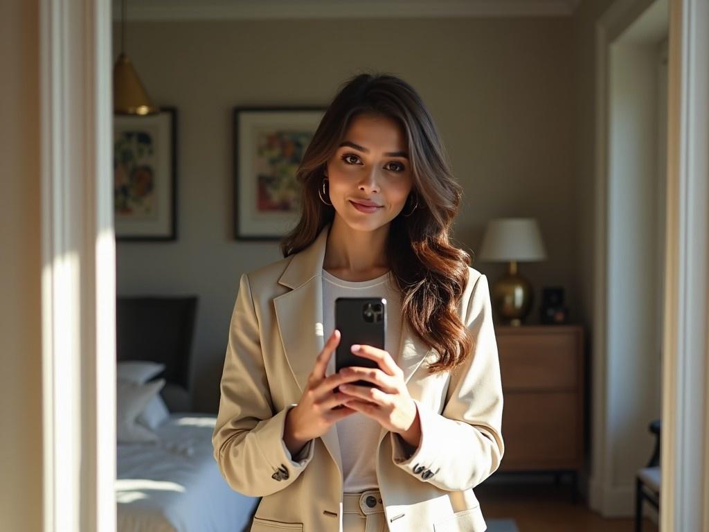 The image features a young Pakistani woman taking a selfie in a mirror. She exudes confidence with a soft smile, dressed in a stylish, neutral-toned outfit. The background reveals a cozy indoor setting with warm lighting. The scene captures a moment of self-appreciation. It showcases the beauty of modern living and personal style.