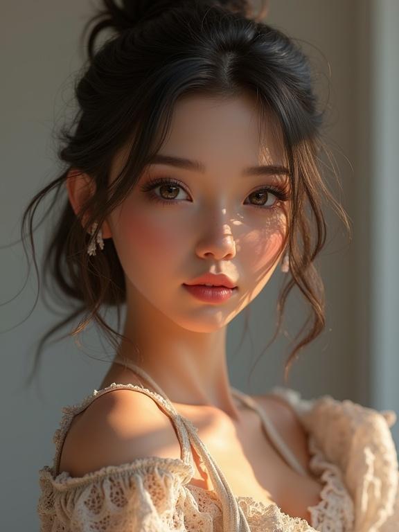 Photorealistic portrait of a beautiful girl resembling a model. Soft lighting and warm color tones highlight her features. Artistic influence from AI.