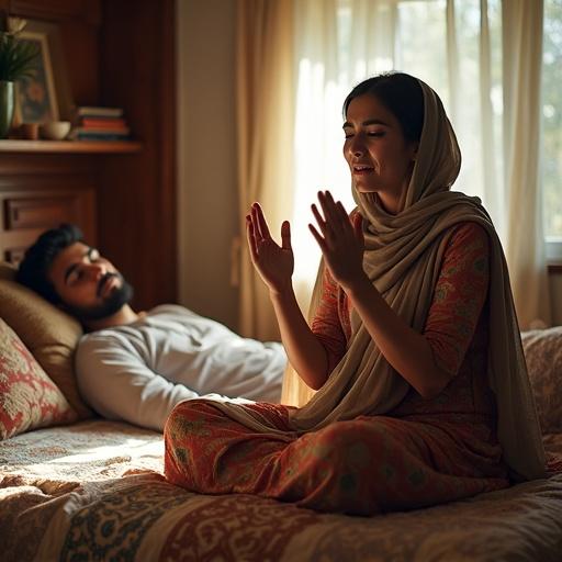 Woman in shalwar kameez prays in a Pakistani bedroom. Husband lies on bed relaxed. Room is well-lit and modestly decorated. Emotions of hope and sadness are prominent. Cultural elements and decor visible.