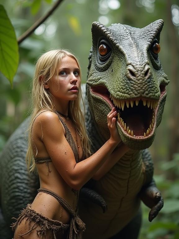 Tribal girl in jungle with dinosaur. She shows affection to a friendly tyrannosaurus. The scene is lively and whimsical. Strong emotional connection between characters.