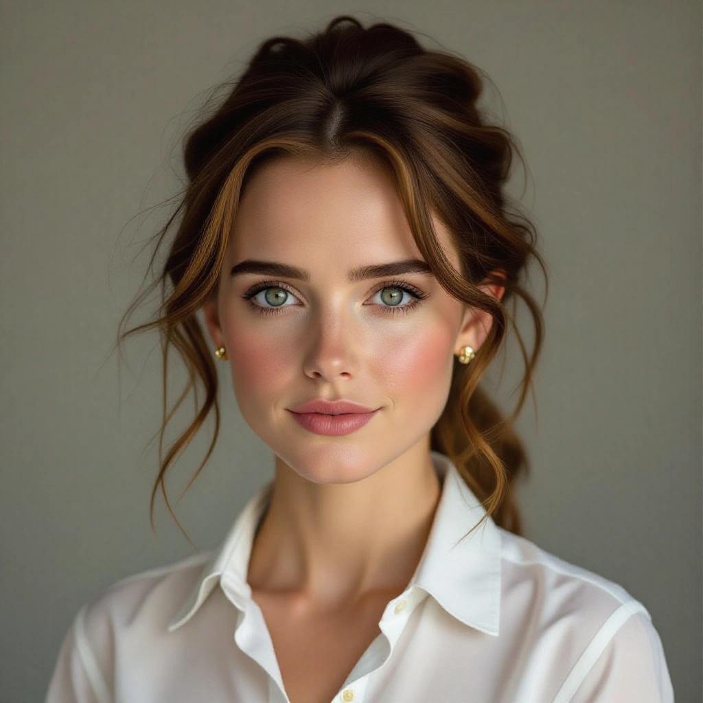 A hyperrealistic portrait of a woman with long, wavy hair. The subject has green eyes and a soft expression. She wears a white blouse and small gold earrings.